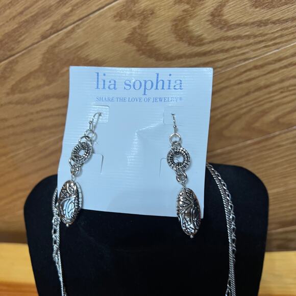 Lia Sophia Charade Silver Tone W Black Beading Necklace Earrings Set Layered NEW - Picture 3 of 11